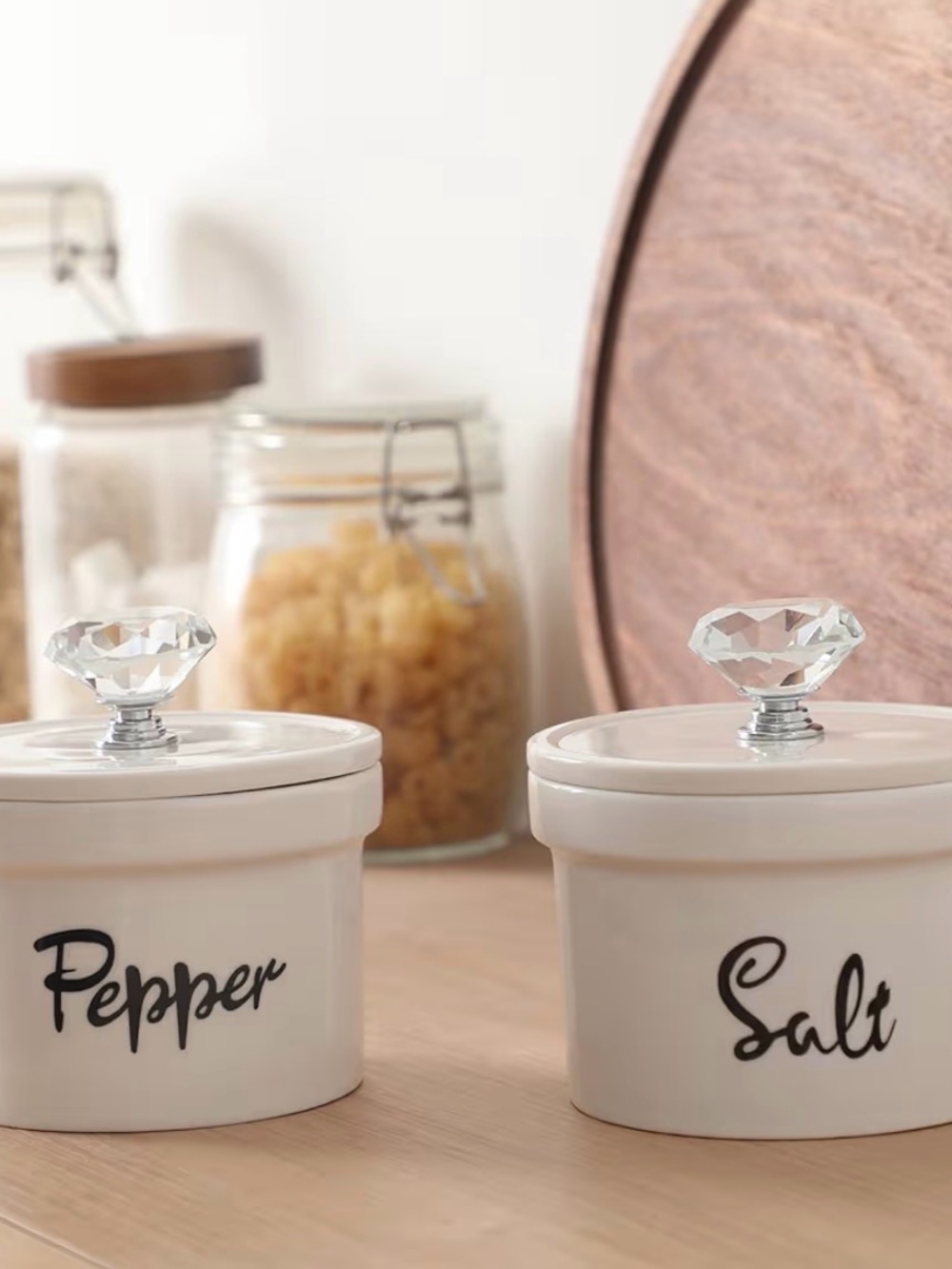 Ceramic Salt & Pepper Canister Set with Crystal Knob Lids - White